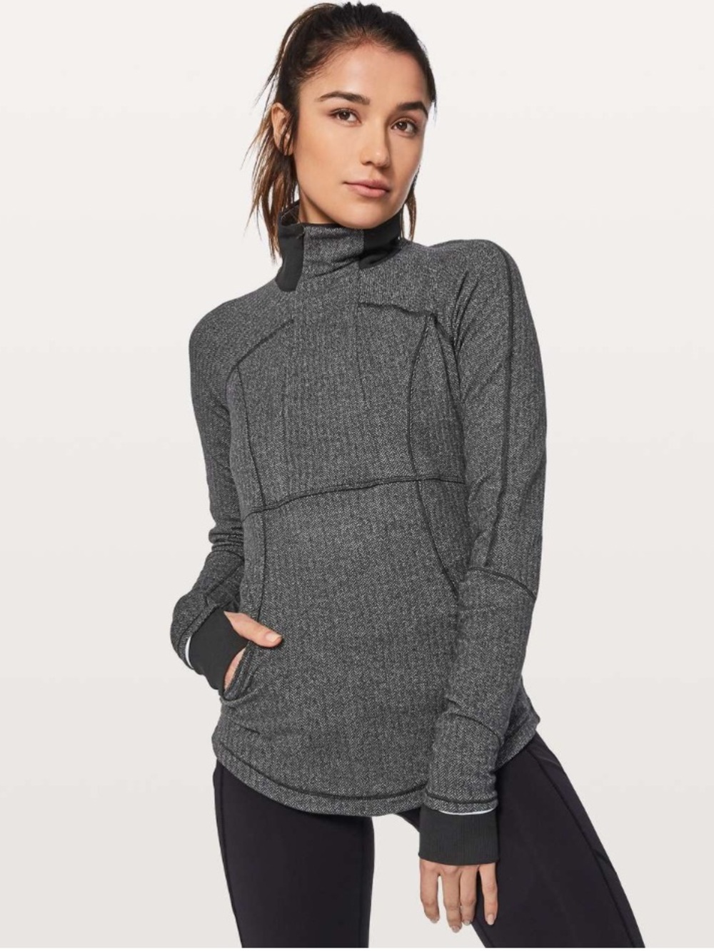 Lululemon Base Runner 1/2 Zip Heathered Herringbone Black Size 8 W3B82S